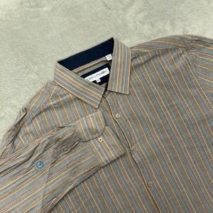 John Lennon Shirt Mens 2XL Brown Multi Stripe Long Sleeve Button Down Peace Sign